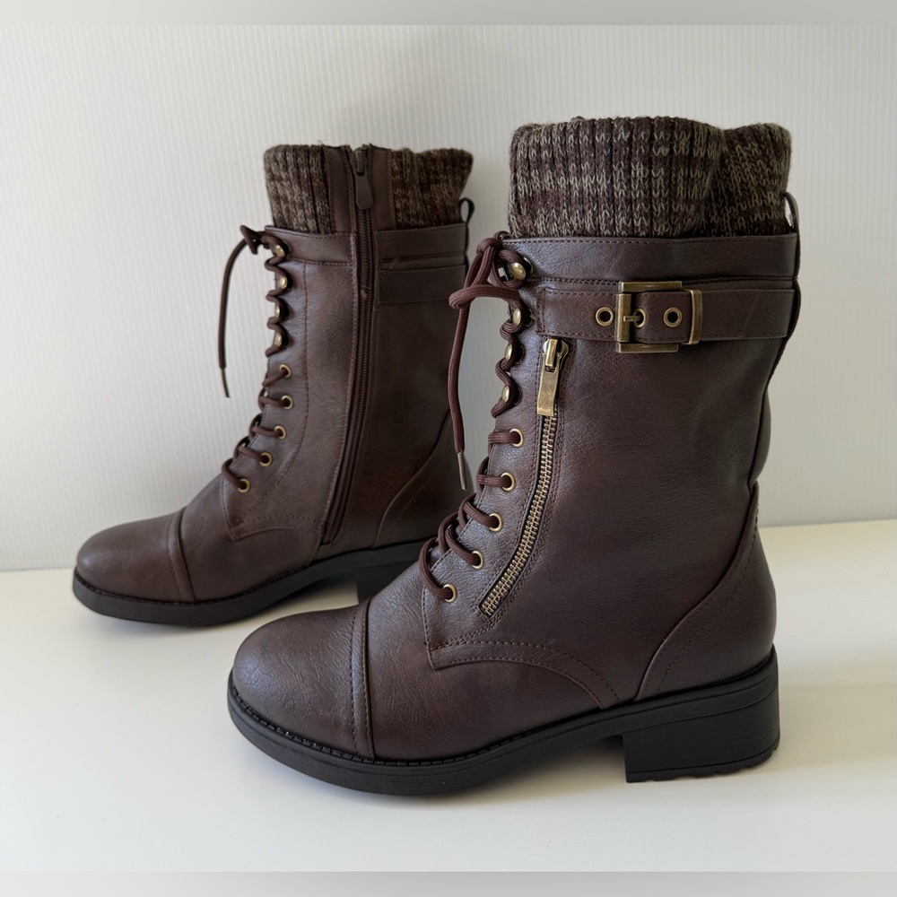 Women's Lace up Mid Calf Combat Boots Brown Size 10 NEW